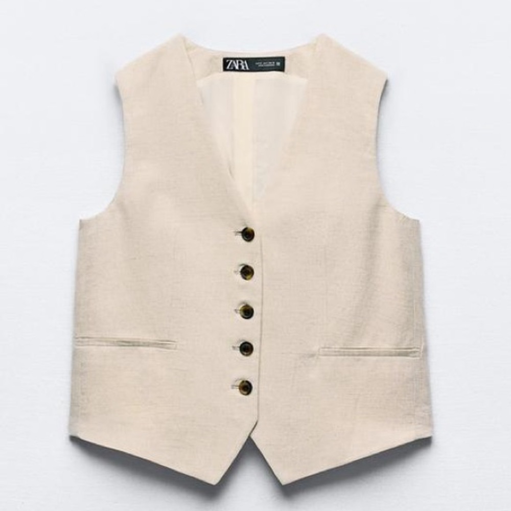 ZARA Tailored Linen Blend Vest (Oatmeal, L)